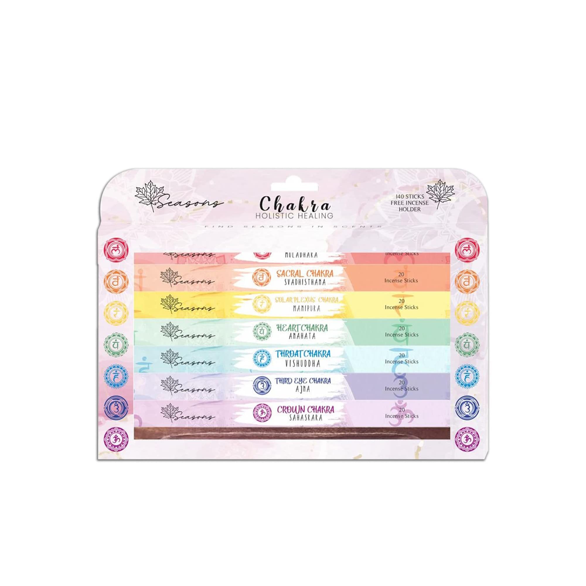 Seasons 7 Chakra Balancing Incense Sticks And Holder For Cleansing, Meditation, Sleep, Relaxation And Aromatherapy- 140 Incense Sticks (20 Sticks/Pack X 7 Variations)