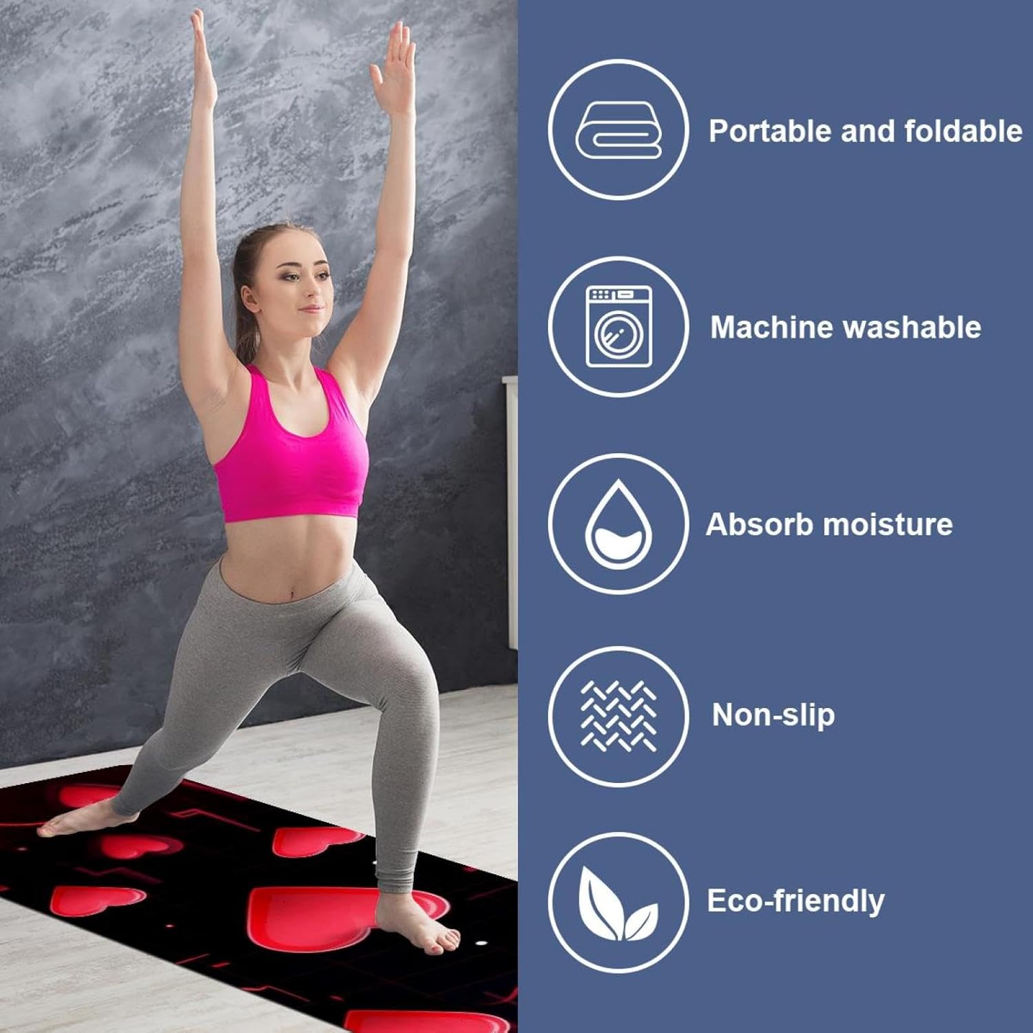 Yoga Towel, Love Heart Pattern Non Slip Sweat Absorbent Hot Yoga Mat Towel for Hot Yoga, Pilates and Fitness - 72.8" x 26.8"