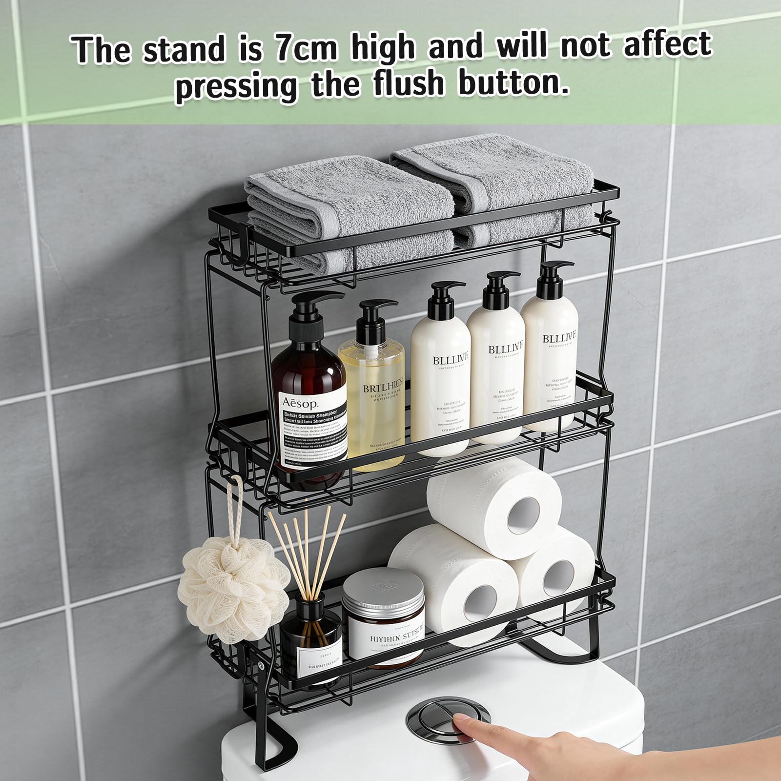 Estante de Inodoro Organizador de baño, Estante de Baño con 3 Estantes, Estante de Baño Multifuncional Ajustable, Estanteria Baño Encima WC, Fácil de Montar para Baño, Lavandería, Negro