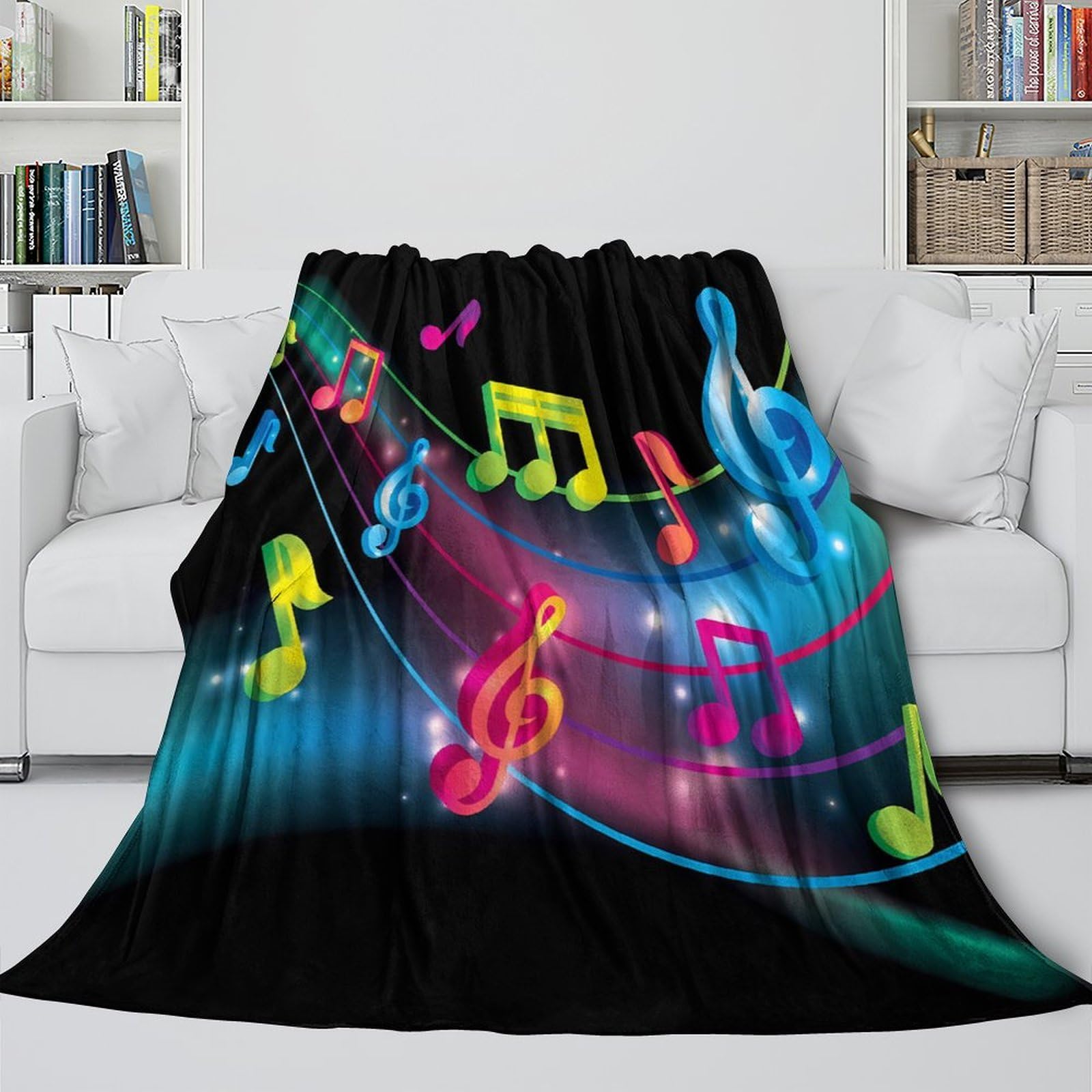 stampa 3D Music notes coperta microfibra biancheria da letto lavabile e anti-pilling coperta da riposo morbida e calda per relax quotidiano Colorful musical design 80×90inch(200x230cm)