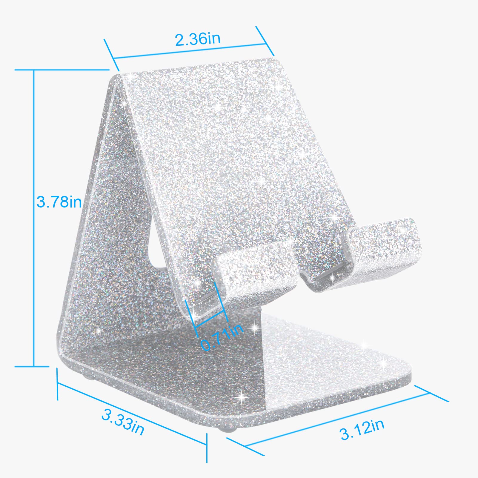 Crpich - Supporto per telefono cellulare in acrilico, compatibile con iPhone 16, 15, 14, 13, 12, Pro Max, Mini, 11, XR, Plus, SE, Switch, smartphone Android, pad, tablet, argento glitterato