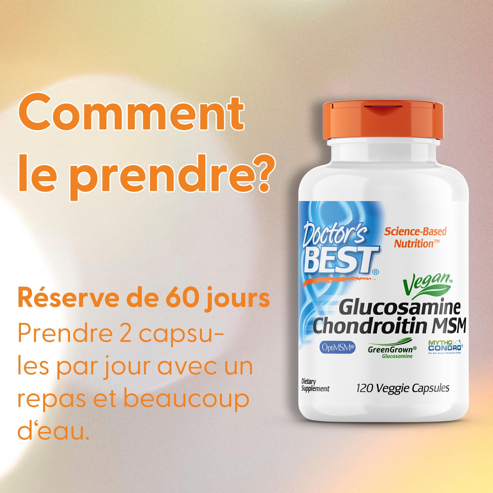 Doctor's Best, Vegan Glucosamine Chondroitin MSM, Haute Dosé, 120 Capsules végétaliennes, Sans Gluten, Végétarien, Sans Soja, Sans OGM
