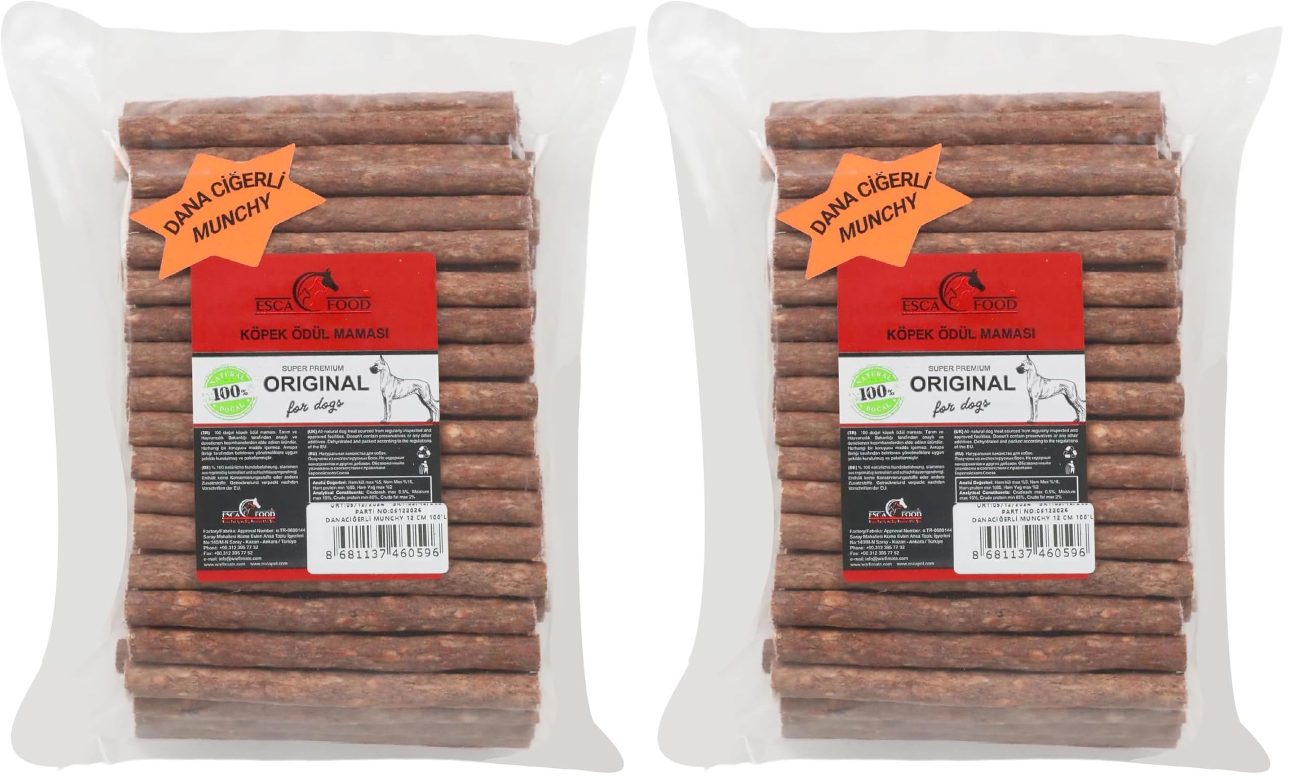 Esca Food Munchy Çubuk Dana Ciğerli 12 Santimetre 100'lü Köpek Ödül Maması (2 paketi)