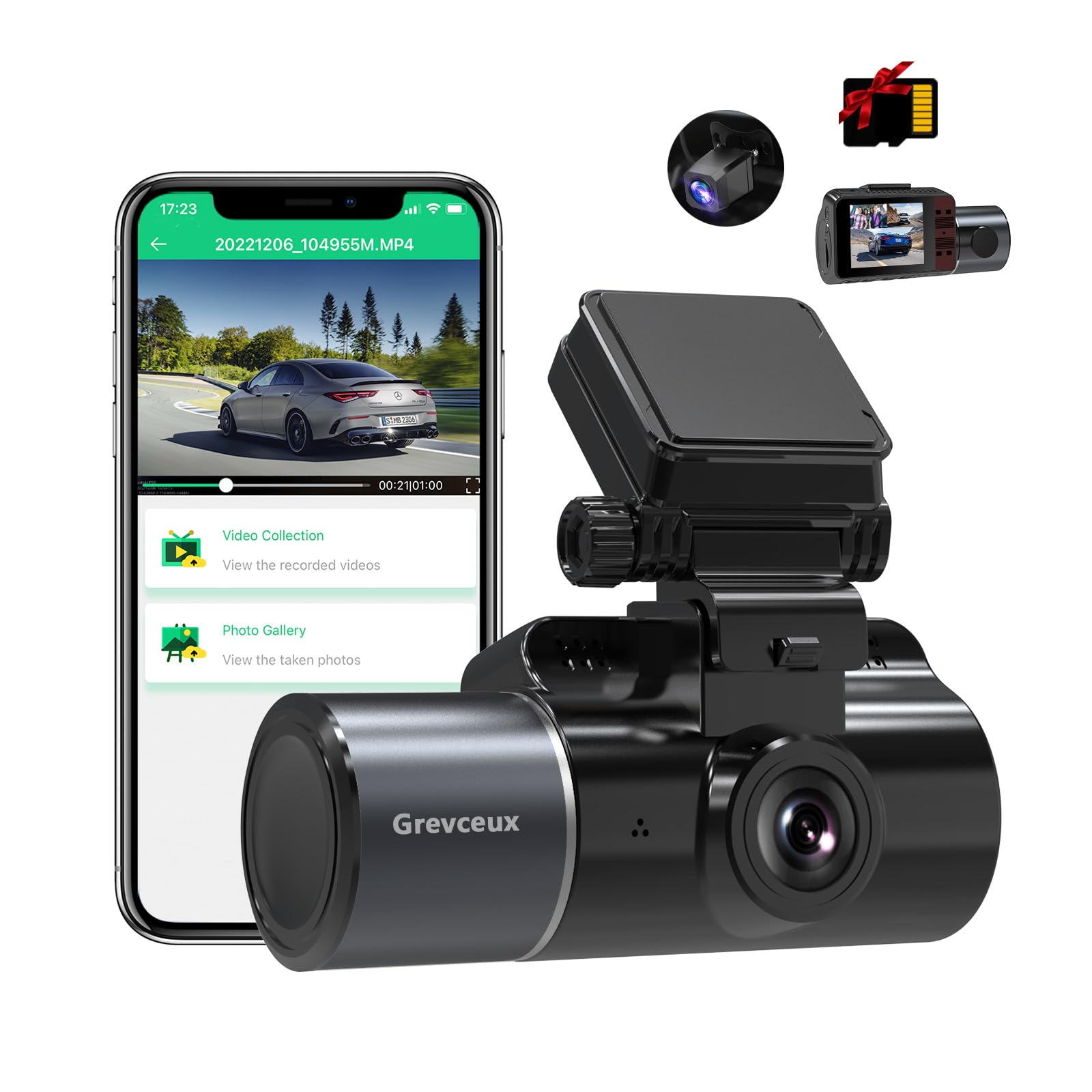 3 Channel Dash Cam with WiFi Function, Starvis Night Vision, 2K+1080P+1080P, Loop Recording with SD Card Included, 24 Hours Parking Mode and APP Control