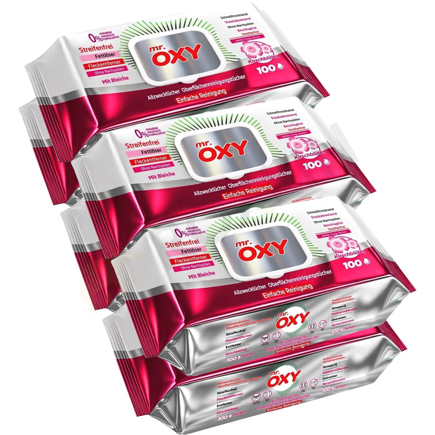 Mr. OXY Maxima Allzweck-Reinigungstücher – Streifenfrei, Fettlösend, Schnell Trocknend, Duft nach Kirschblüten – Mit Weißem Essig & Natron – Ohne Nachspülen, Einfache Reinigung (Pack of 6)
