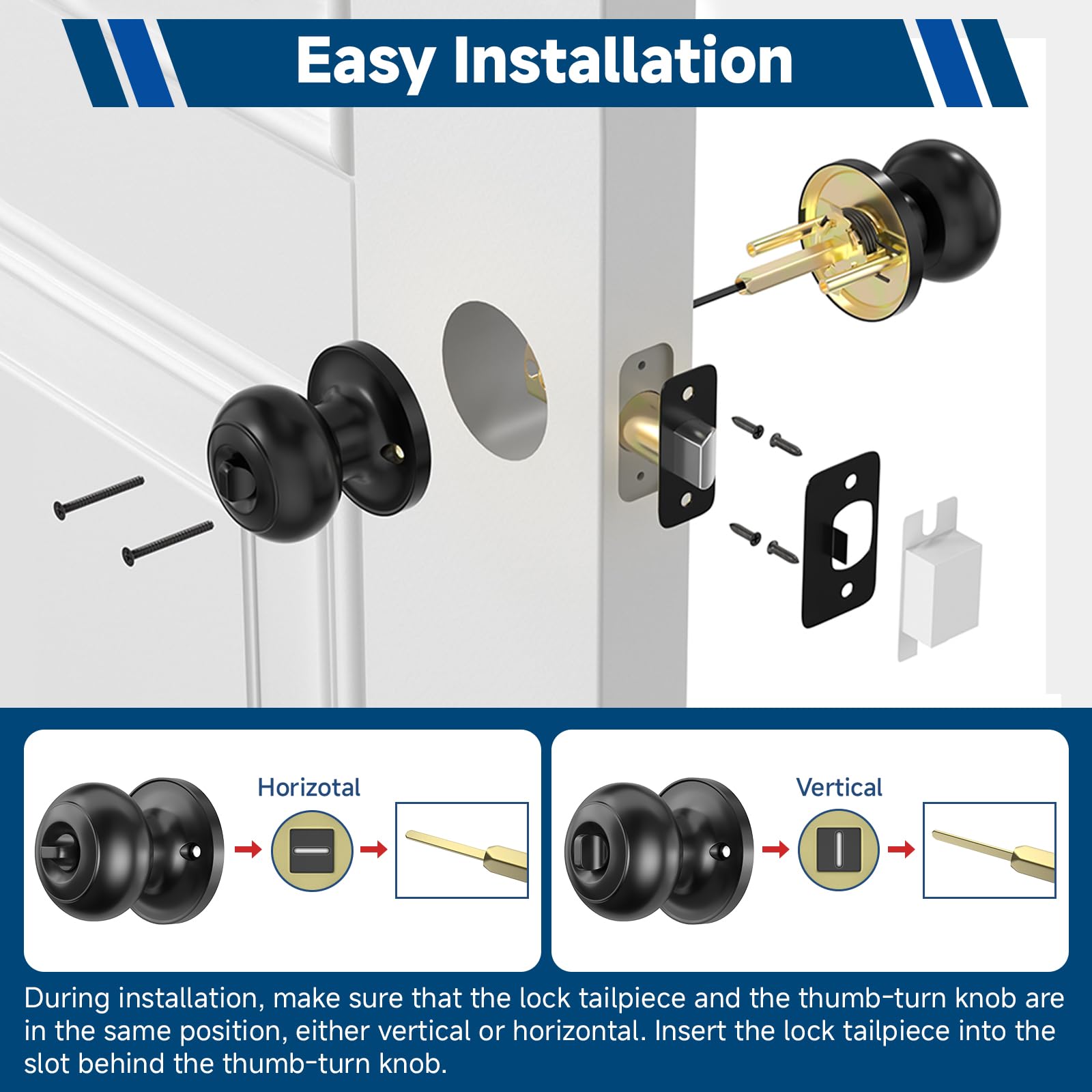Estmoon Paquete de 6 pomos negros para puerta interior, para dormitorio, baño, privacidad, bola redonda