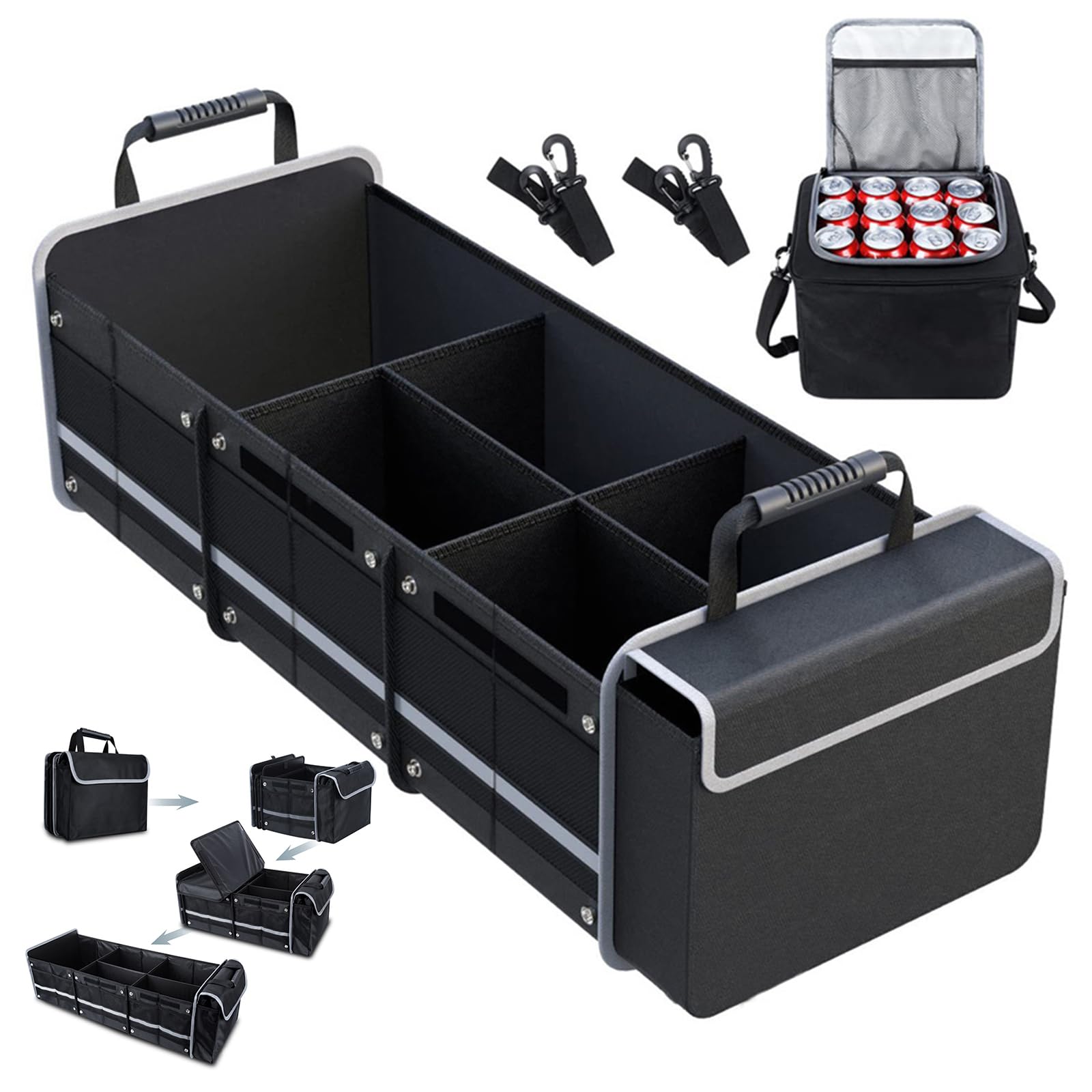 Organizer per bagagliaio extra grande da 94,5 l, con borsa termica da 18 l, pieghevole, con 5 scomparti, coperchio pieghevole e spallacci regolabili