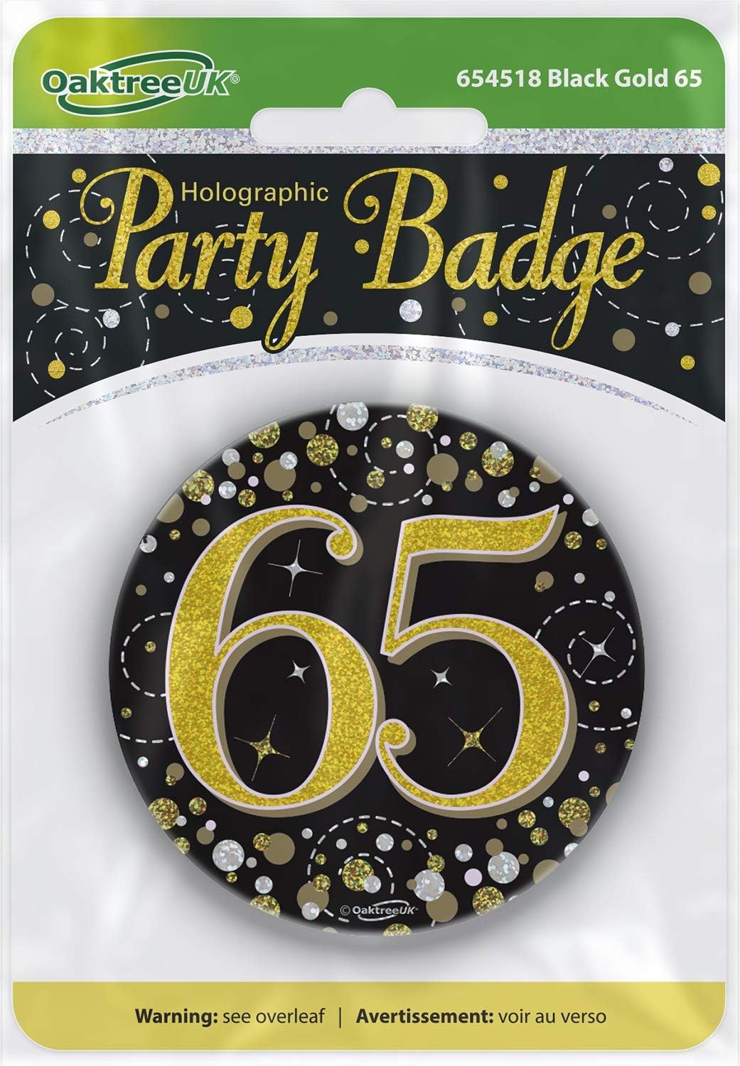 3" Badge 65th Birthday Sparkling Fizz Black Gold Holographic