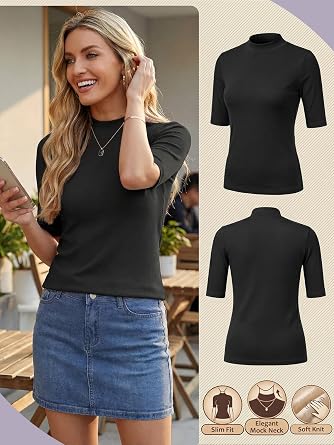 PrinStory Womens Tops Mock Neck Short Sleeve T Shirts Dressy Casual Ribbed Knit Slim Fit Summer Business Going Out Tops 2026