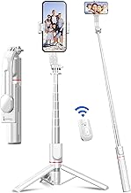 Selfie Stick mit Verbessertem Stativ [2023 Ganz Neues Entwurf] Selfie Stange aus Aluminium Handy Stativ mit Abnehmbarer Fernbedienung um 360° Drehbar für iPhone Samsung, Action-Kamera GoPro (Weiß)