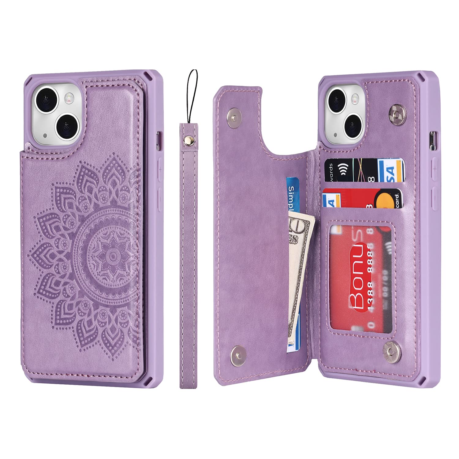 Cavor for iPhone 13 Case with Card Holder, Wallet Case for Women Men, for iPhone 13 Phone Case with Stand & Strap,Leather Shockproof Protective Cover-