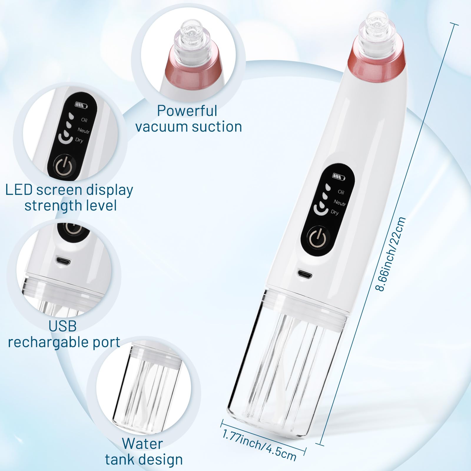 Strumento per la rimozione dei punti neri, ricaricabile tramite USB, strumento per la rimozione dei punti neri, per il viso, con display LCD, 5 testine di aspirazione e 3 modalità di