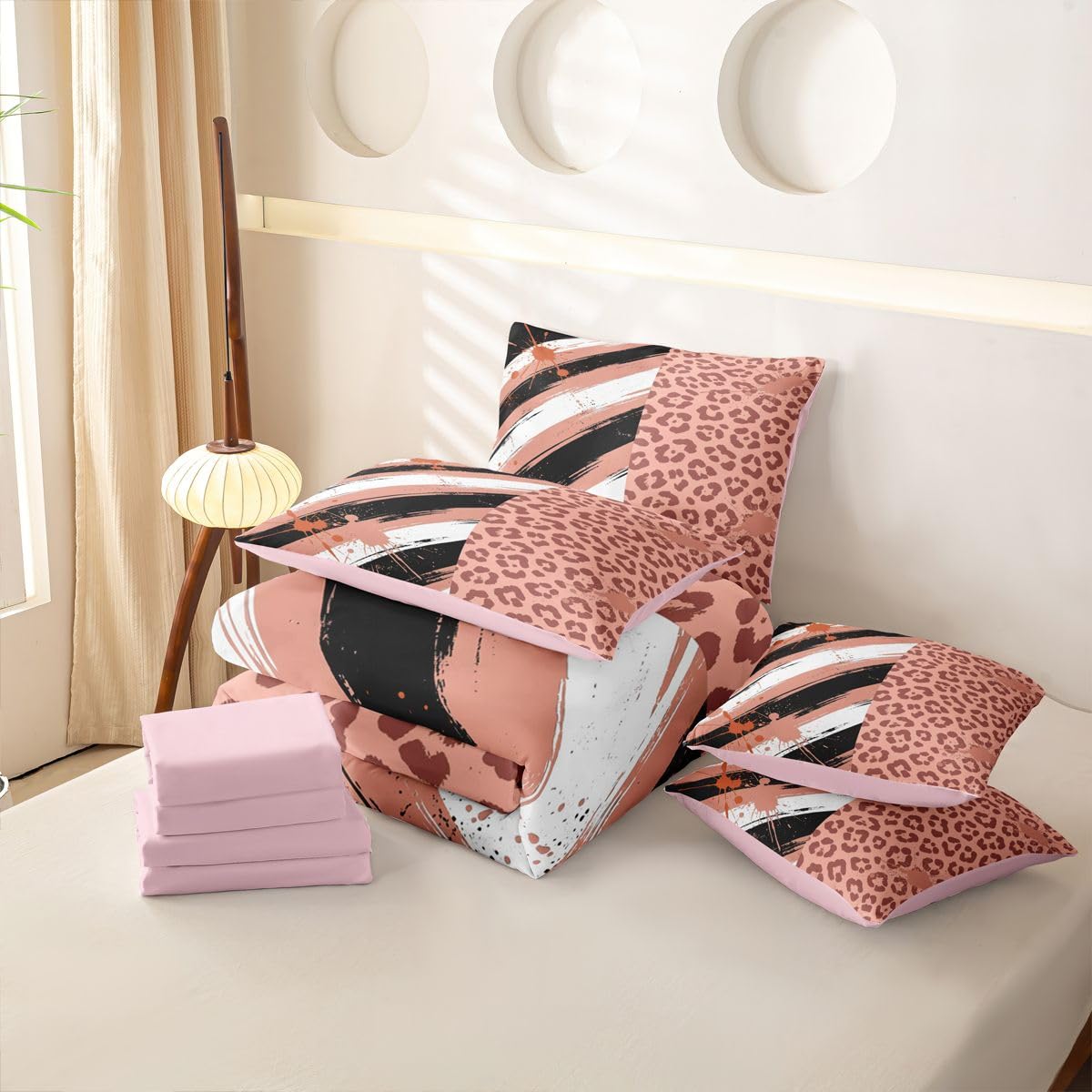 Loussiesd Set di biancheria da letto per bambini con stampa leopardata astratta, per letto singolo, 7 pezzi, moderno, per bambini, ragazzi, ragazze, bianco, nero, rosa, con copripiumino, lenzuola