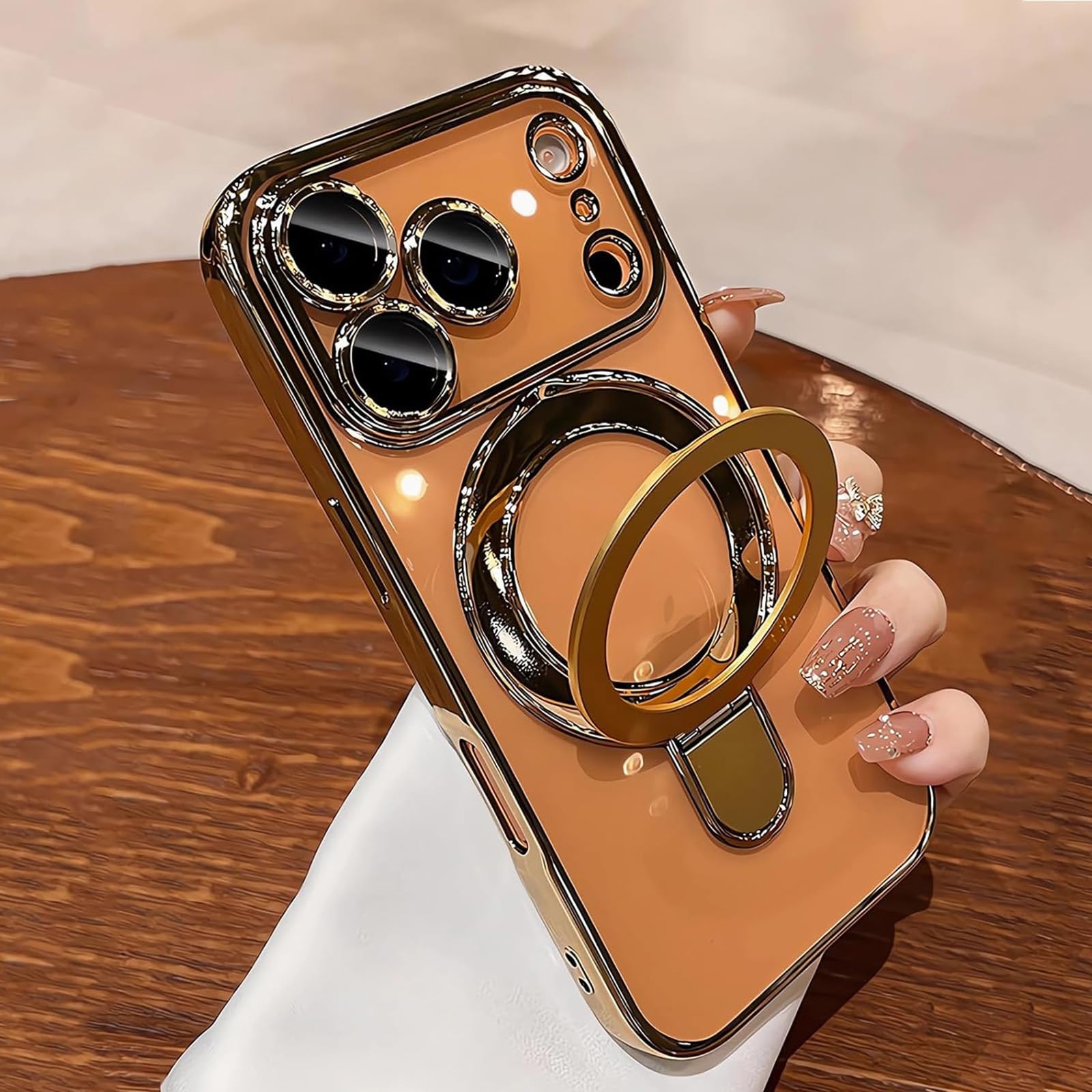 Case for iPhone 17 Pro Max with Magnetic Stand [Compatible with MagSafe] [Full Camera Lens Protector] Luxury Plating Shockproof Clear Phone Case for iPhone 17 Pro Max 6.9", Titanium Gold