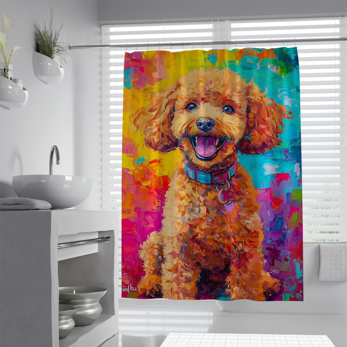 UIRINGART Cute Poodle Shower Curtain W200xL240cm Waterproof Mildew Resistant Colorful Abstract Oil Painting Puppy Style Fabric Bathroom Screen Rustproof Grommets Tub Liners