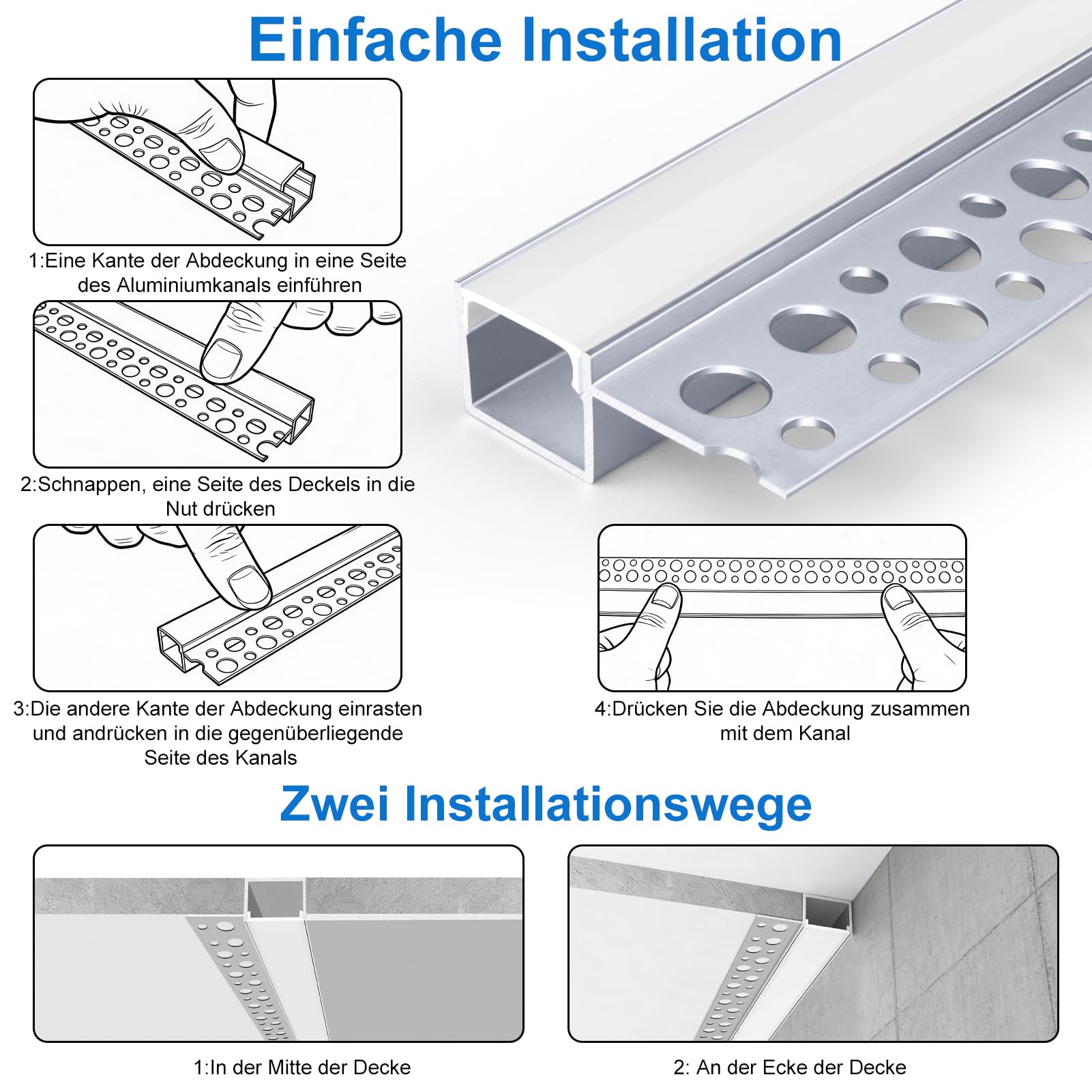 LED Trockenbauprofil für 13mm LED Streifen, 10x1M 291 rahmenloser eingelassener Aluminiumkanal, LED Leiste Kanal with Weißer Diffusor, LED Aluminium Profil für Wand und Decke ndirekte Beleuchtung