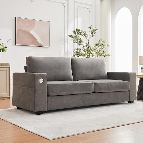 IDEALHOUSE 90" Modern Couches for Living Room, Chenille Fabric Loveseat Sofa with USB & Type-c Charging Ports, Removable Cushion Cover, Side Pocket, Sturdy Wood Frame, for Apartment or Home, Grey