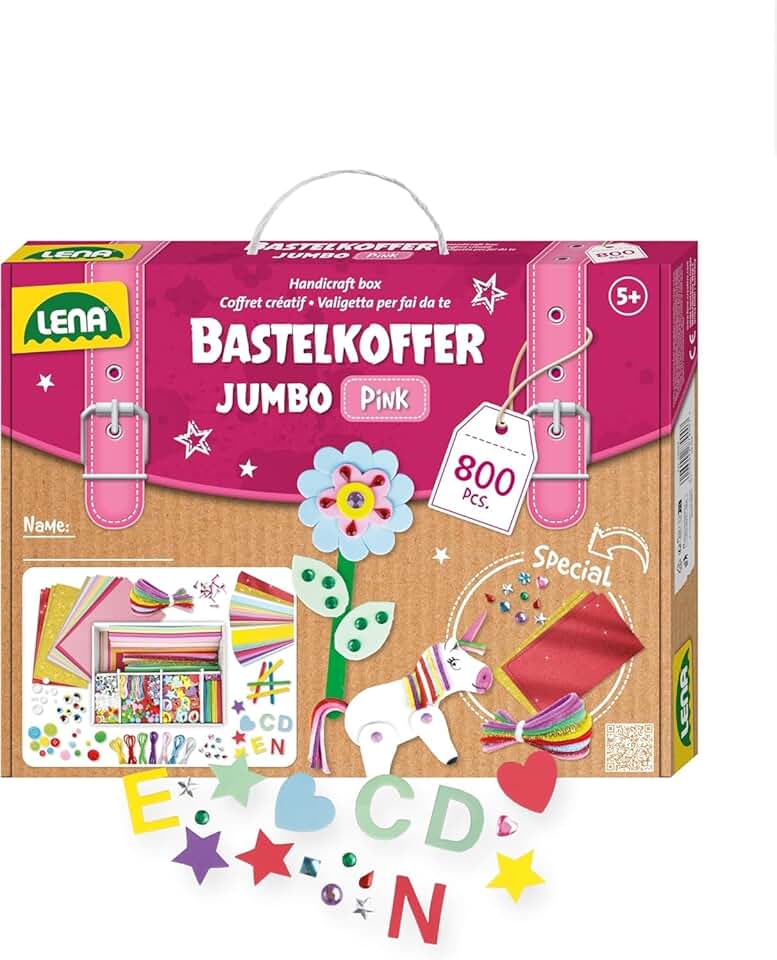 Lena Jumbo Bastelkoffer mit 800 Teilen, Bastelset bestehend aus Papier, Moosgummi, Pfeifenreiniger, 