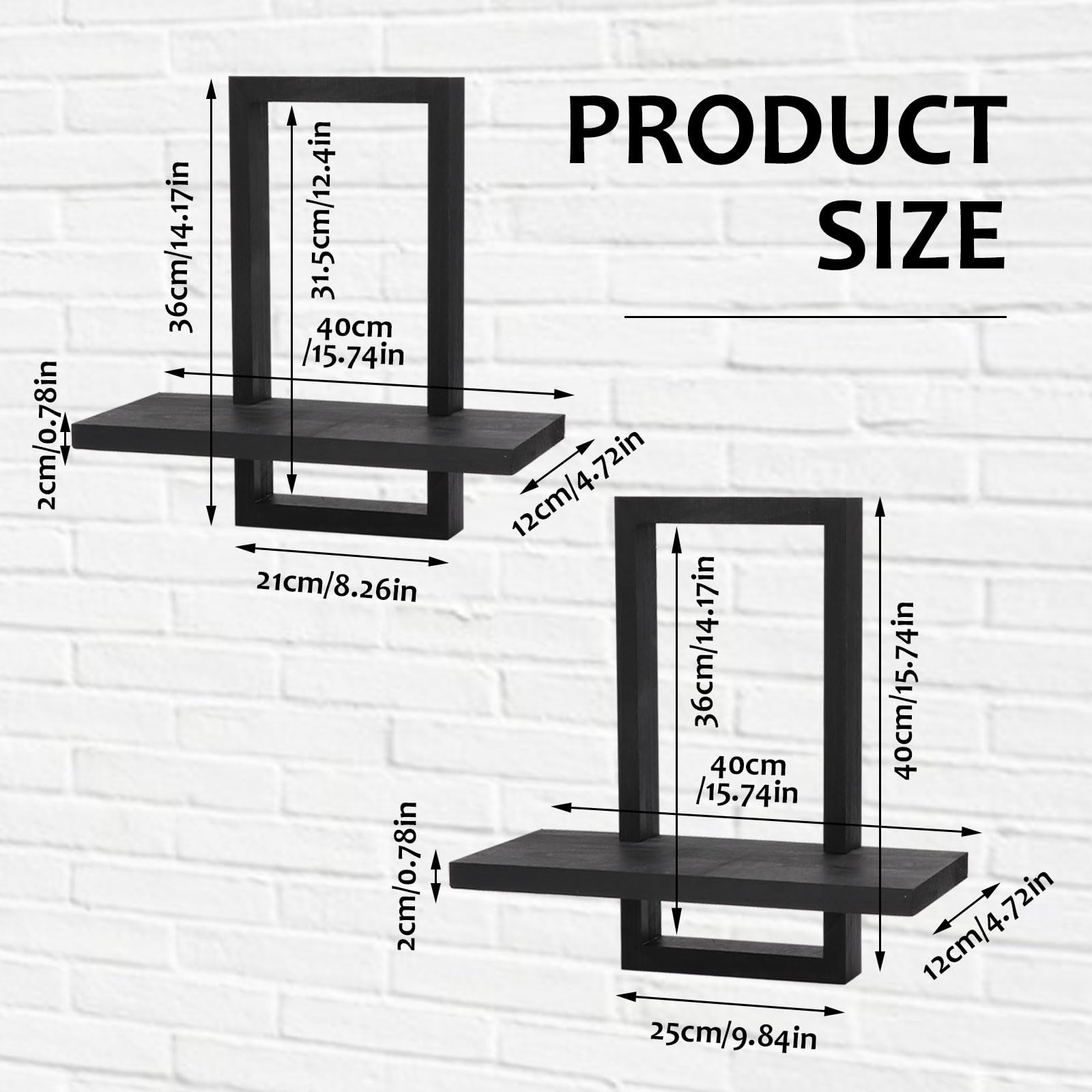 Juego de 2 Estanteria de Pared, Baldas Flotantes Pared, Estantes Flotantes de Madera para Decoración, Estantes Decorativos para Baño, Dormitorio, Oficina, Salón, Cocina, 40x40x12cm, 40x36x12cm, Negra