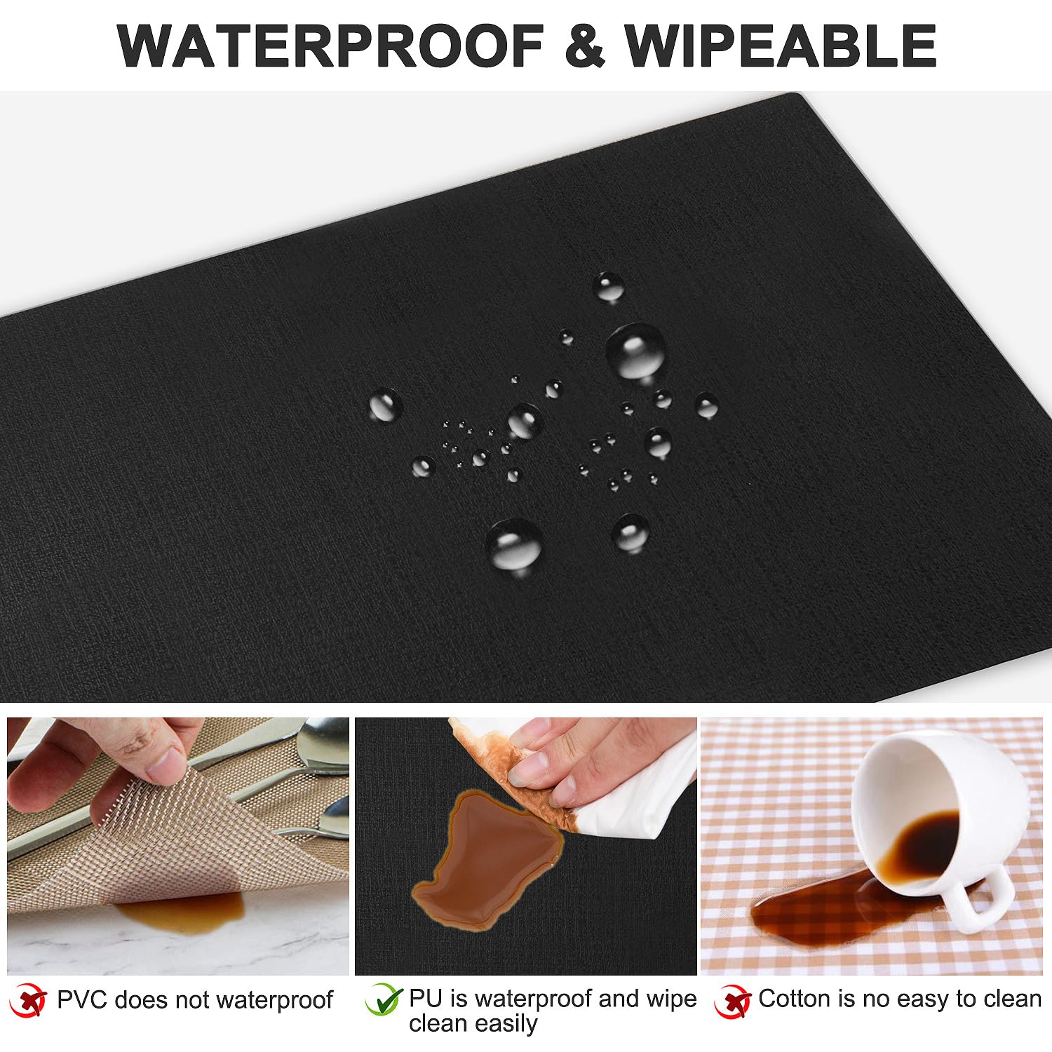 Juego de 6 manteles individuales de cuero resistentes al calor, impermeables, lavables, de poliuretano, fáciles de limpiar, antideslizantes (negro, 6)