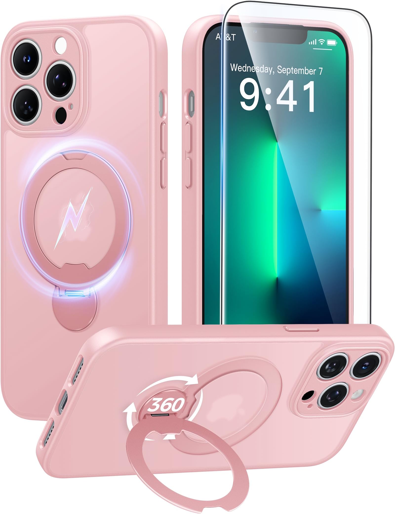 FNTCASE for iPhone 13 Pro Case: [360 Spin Magnetic Stand] [Compatible with Magsafe] [Screen Protector] Translucent Matte Military Grade Shockproof Full Camera Protective Phone Cover - Pink