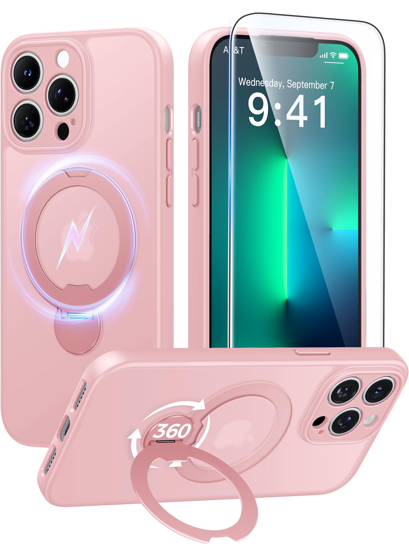 FNTCASE for iPhone 13 Pro Case: [360 Spin Magnetic Stand] [Compatible with Magsafe] [Screen Protector] Translucent Matte Military Grade Shockproof Full Camera Protective Phone Cover - Pink