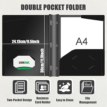 Pastel Plastic File Folders with Pockets and Prongs, 7 Pack, A4 Letter Size, Heavy Duty Waterproof Office Folders with Clear Front Cover for School, Home, and Office (Black)