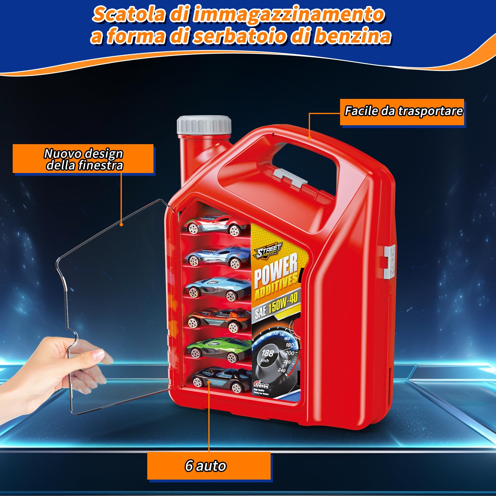 Charmofun Pista Macchinine 2 in1, Giocattolo Piste da Corsa con 6 Auto, Scatola Immagazzinaggio, Piste Macchinine per Bambini con Anello e Binari a U, Portatile Pista per Bambini 3+ Anni (Rosso)