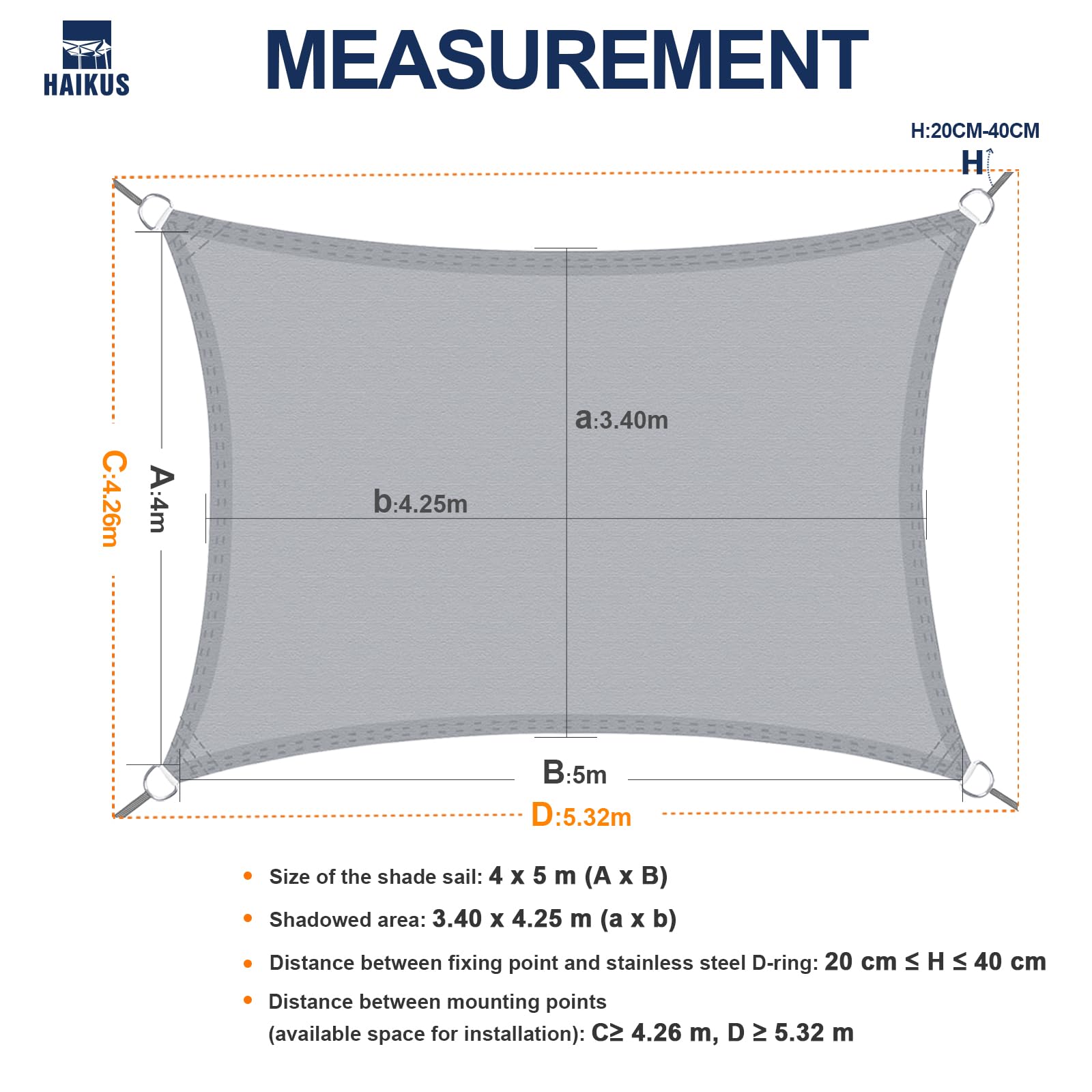 HAIKUS Tenda a Vela Impermeabile Rettangolare 4x5 m, Protezione Raggi UV 98%, Telo Ombreggiante Rettangolo 5x4, Tenda da Sole per Esterno Giardino Terrazzo, Bianca beige