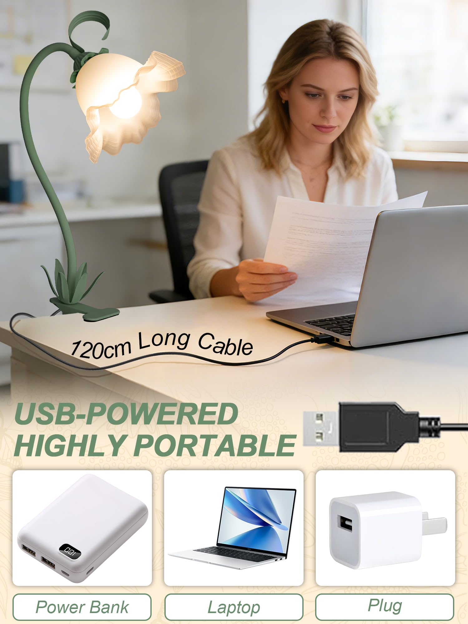 Lámpara de escritorio de flores con clip, luz LED de lectura para el cuidado de los ojos con 3 modos de color, cuello de cisne flexible con clip en la mesita de noche para camas, cabecero, mesa