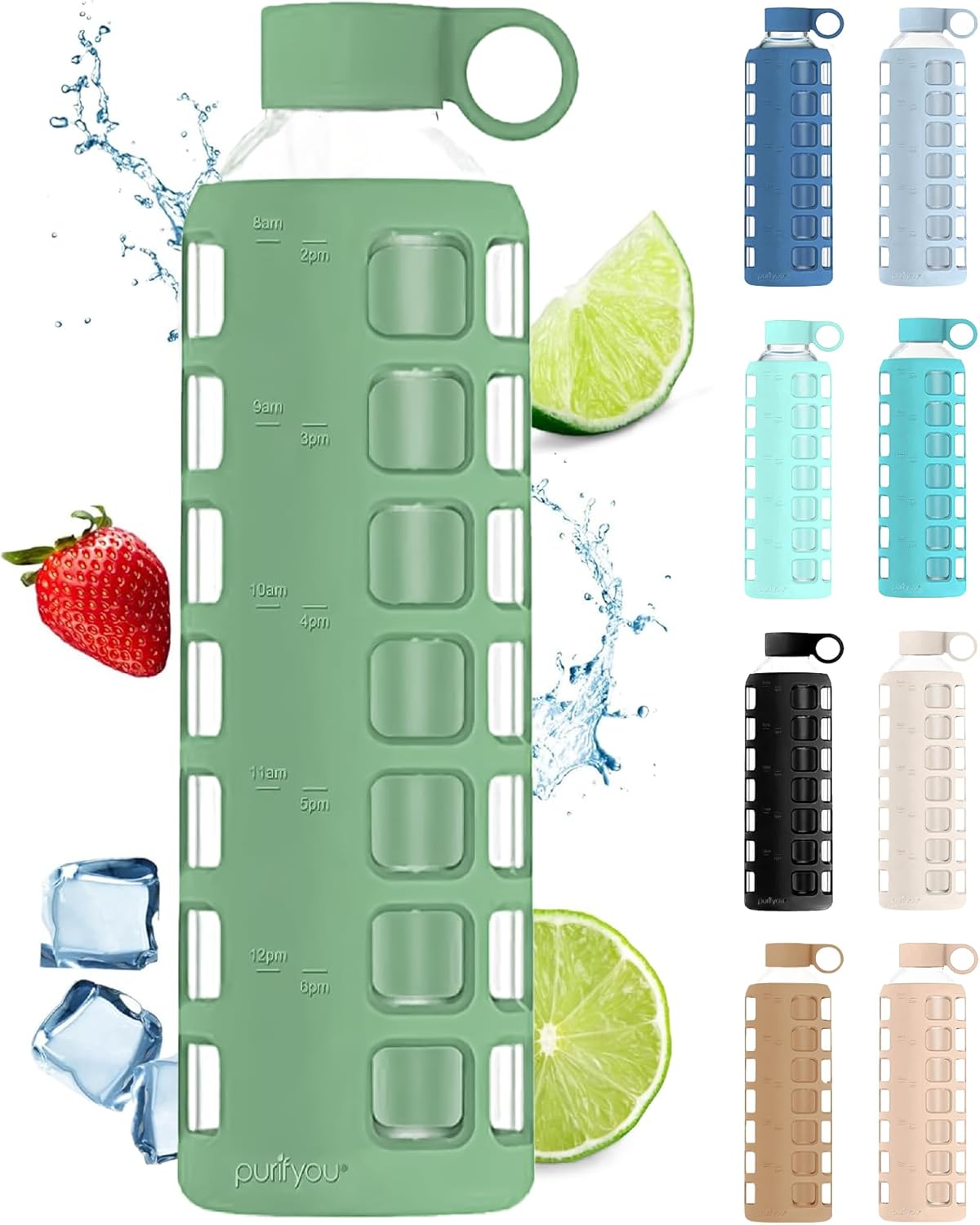 purifyou 40oz / 32oz / 22oz / 12oz Borosilicate Glass Water Bottle with Time & Volume Markers, Silicone Sleeve, Stainless Steel Lid | Reusable Glass Bottle for Water & Juice (32oz Shale Green)