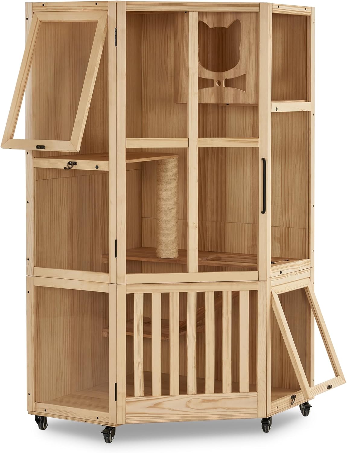 Lovupet Large Corner Cat House Villa, Wooden Indoor Cat Condo with Scratching Post, Multi-Feature Enclosed Kitten Cage with Escape Doors and Wheels CT96