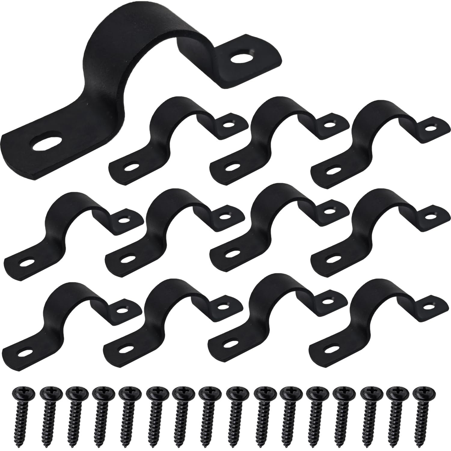 WeqeYent 12 Sets (36 Pcs) Black Pipe Strap Clamp, Two Hole Tension Clips, Saddle Clip, Ø 25mm Heavy Duty U Shaped Brackets for Water Pipes