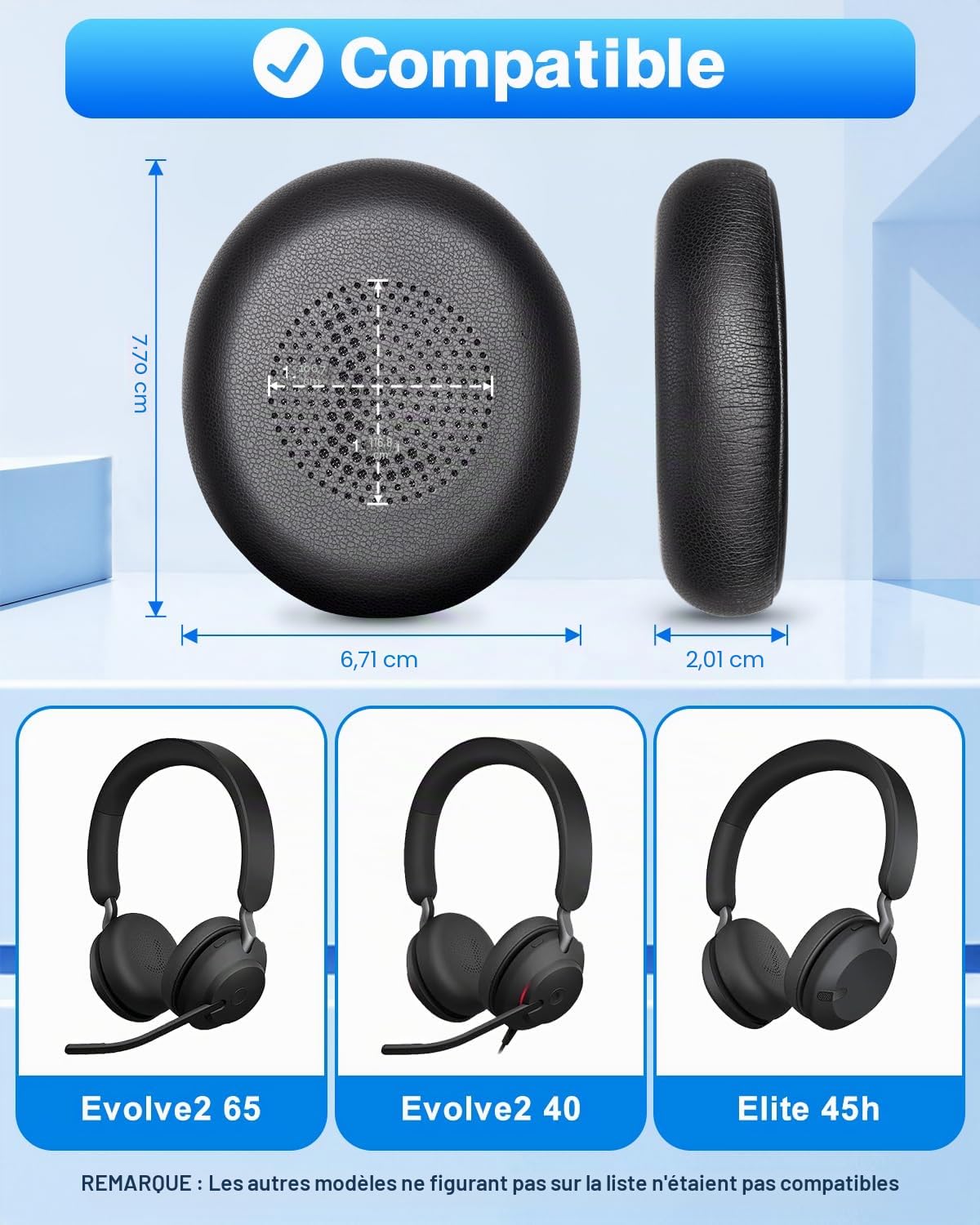 Coussinets pour Jabra Evolve2 65, Evolve2 40, Elite 45h Casque Supra Auriculaire sans Fil, Mousse Casque Coussin en Cuir protéiné, Noir