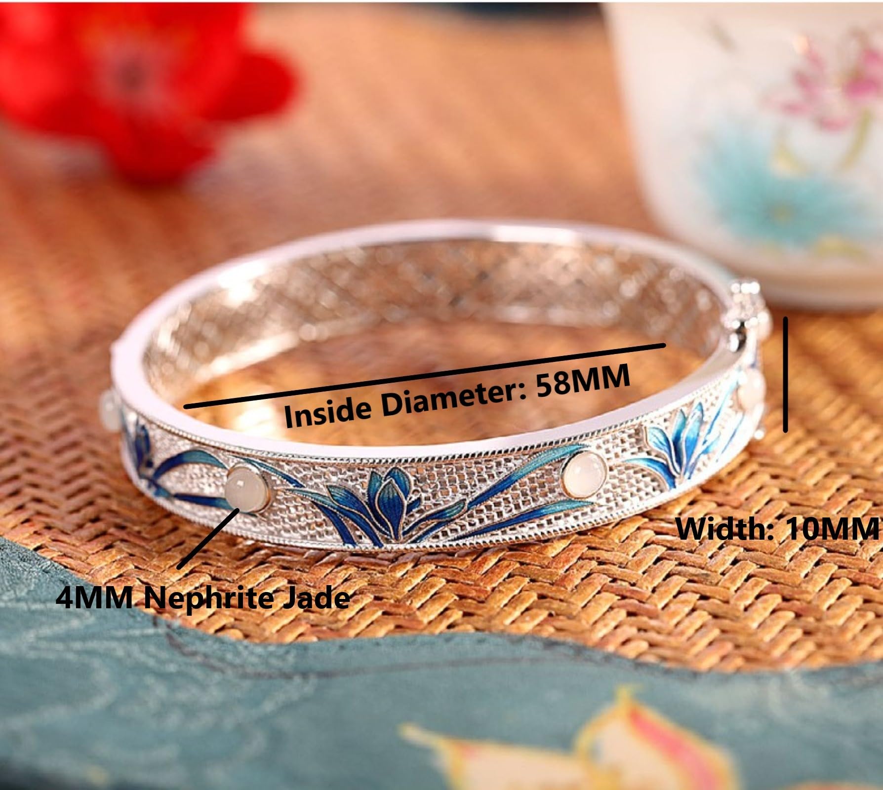 Braccialetti d'argento, braccialetti vintage, Bracciale rigido aperto in argento sterling S925 con nefrite, artigianato tradizionale, accessorio perfetto for appuntamenti e feste