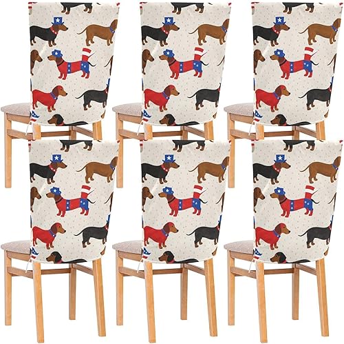 4th of July Independence Day Brown Dachshund Decorative Chair Back Covers for Retro Dining Chairs Anti-Dust Kitchen Chair Covers cubre sillas para