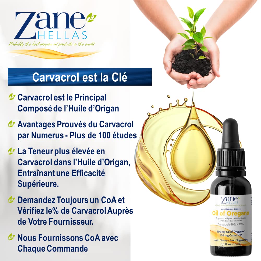 Zane Hellas 100% huile d'origan non diluée.Huile Essentielle Grecque Pure d'Origan.86% Min Carvacrol.164mg de carvacrol par portion.Probablement la meilleure huile d'origan au monde.15ml-0,5oz