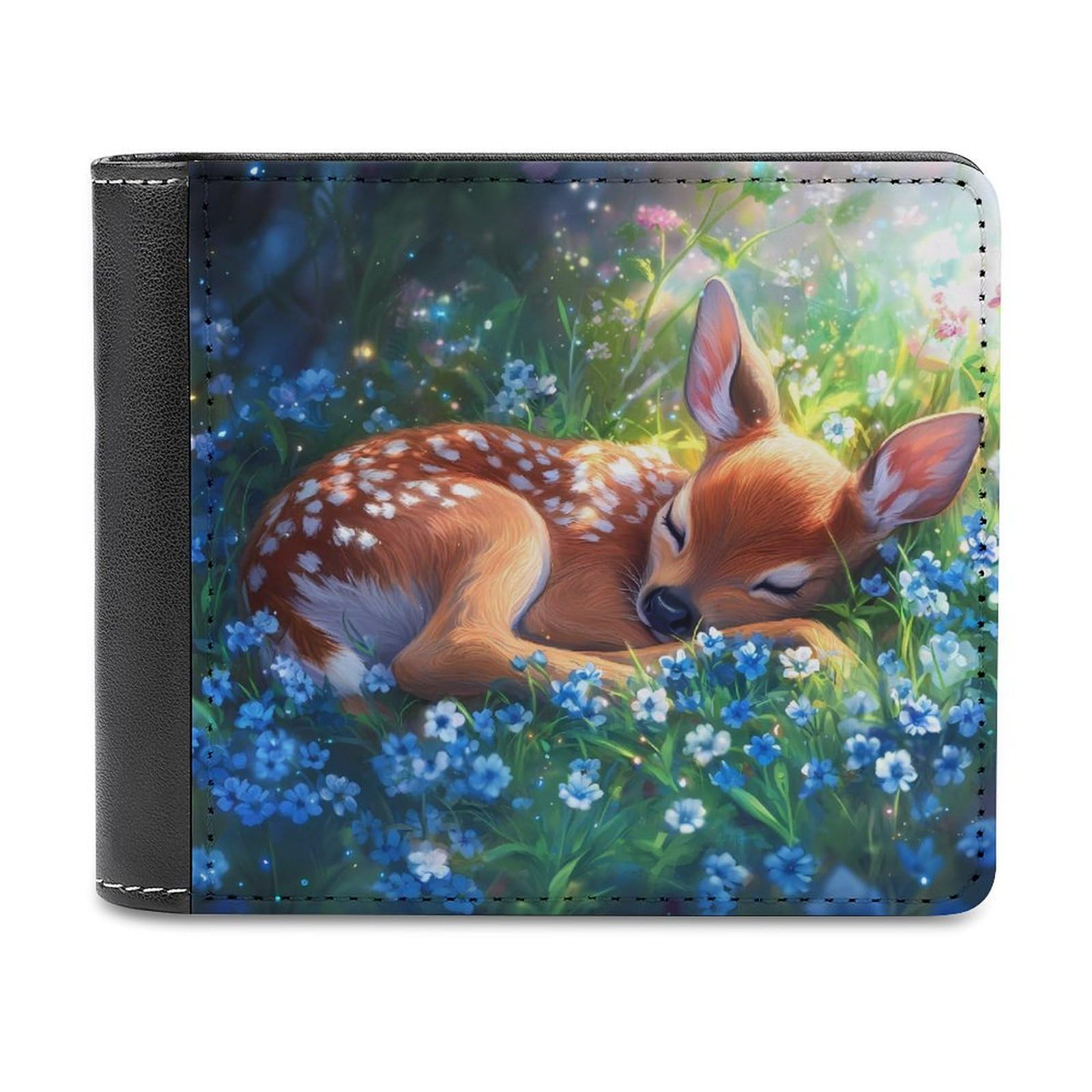 Fawn Deer Flowers Bifold Wallet PU Leather Slim Purse Pocket Wallet with Card Holder for Women Men