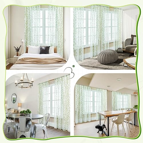 Miniatura 5 de Cortinas transparentes con patrón de hojas, 2 paneles de cortinas blancas transparentes con estampado de vid, estampado verde sobre blanco, cortinas