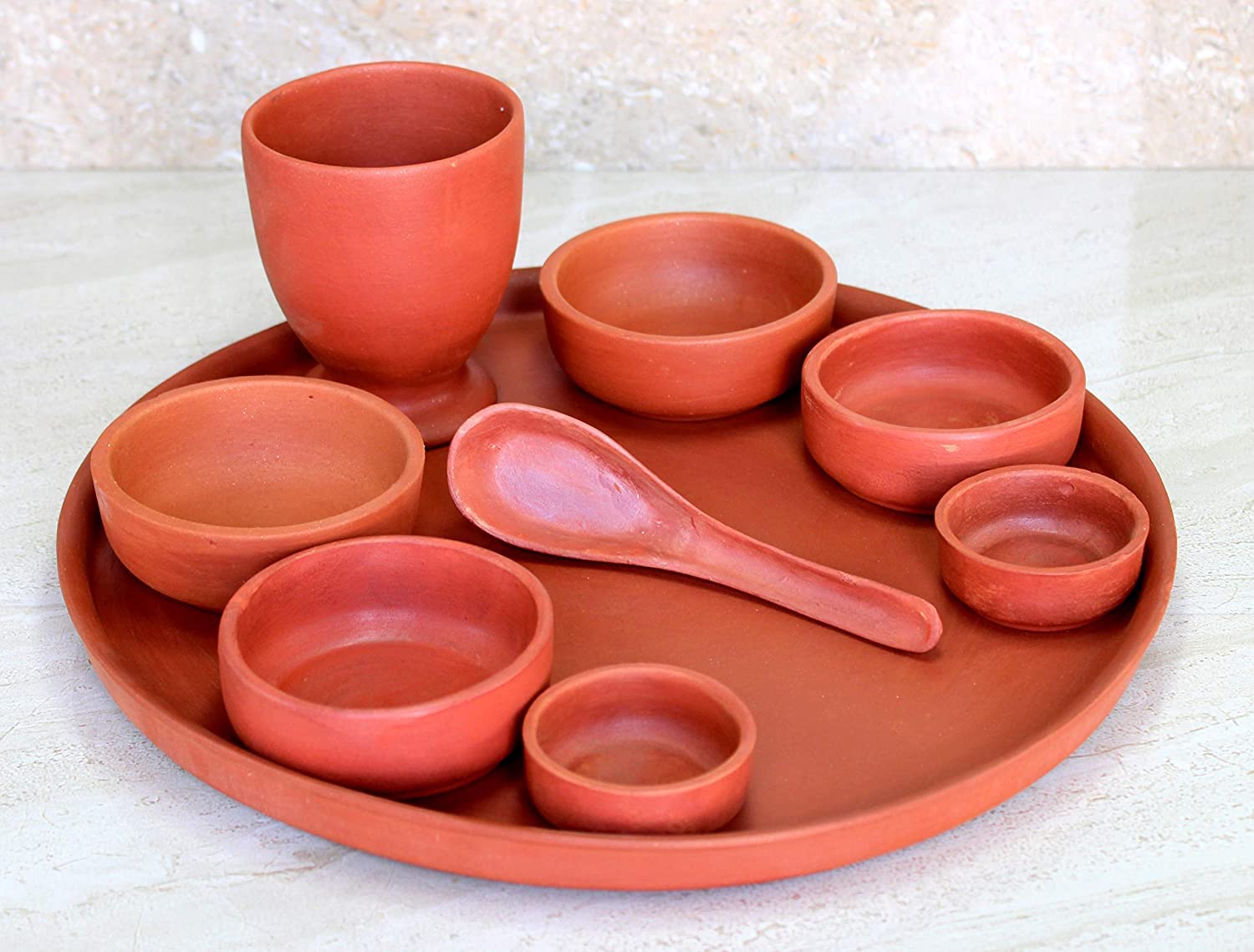 THE HIMALAYA CRAFT Clay Dinner Set with Serving, Spoon, Bowls and Glass Diner Set Pack of 9
