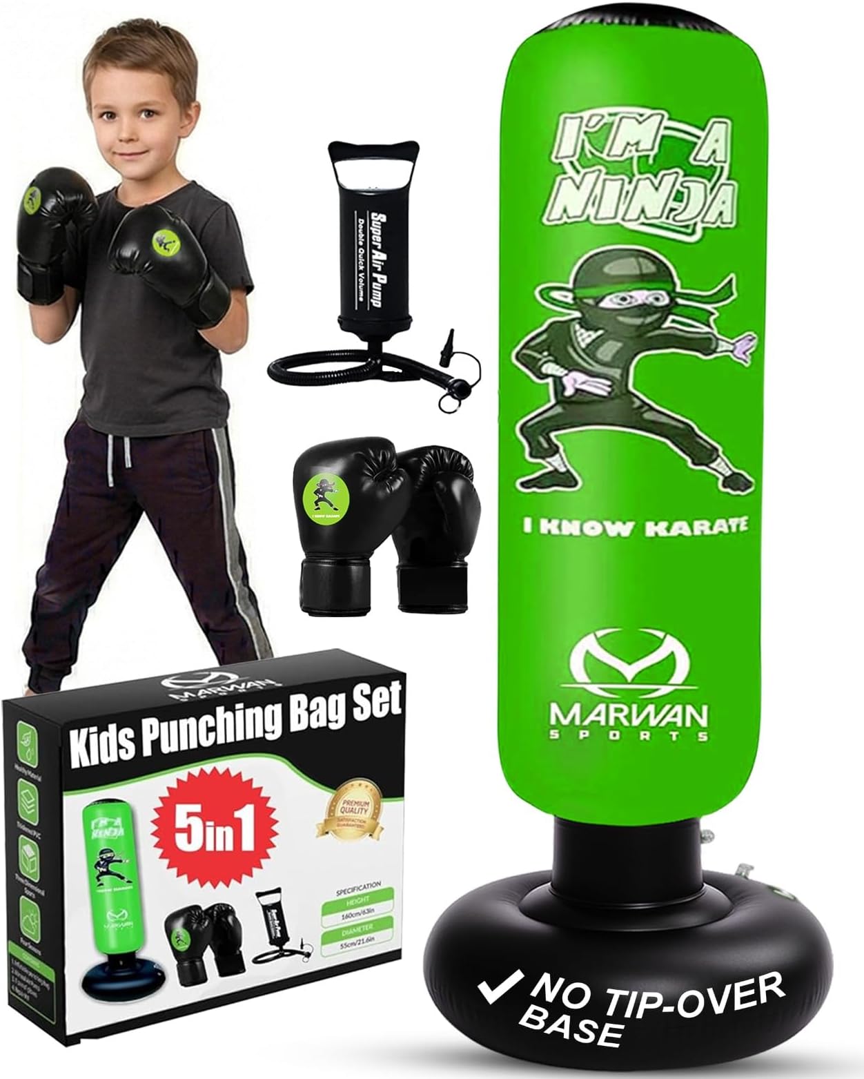 Marwan Sports 5-in-1 Kids Punching Bag Set with Gloves, Pump & Funnel โ 63โ Inflatable Boxing Bag for Kids 4-12, Durable PVC, Fast Rebound, Waterproof Base Cover with Handles, Gift for Boys & Girls