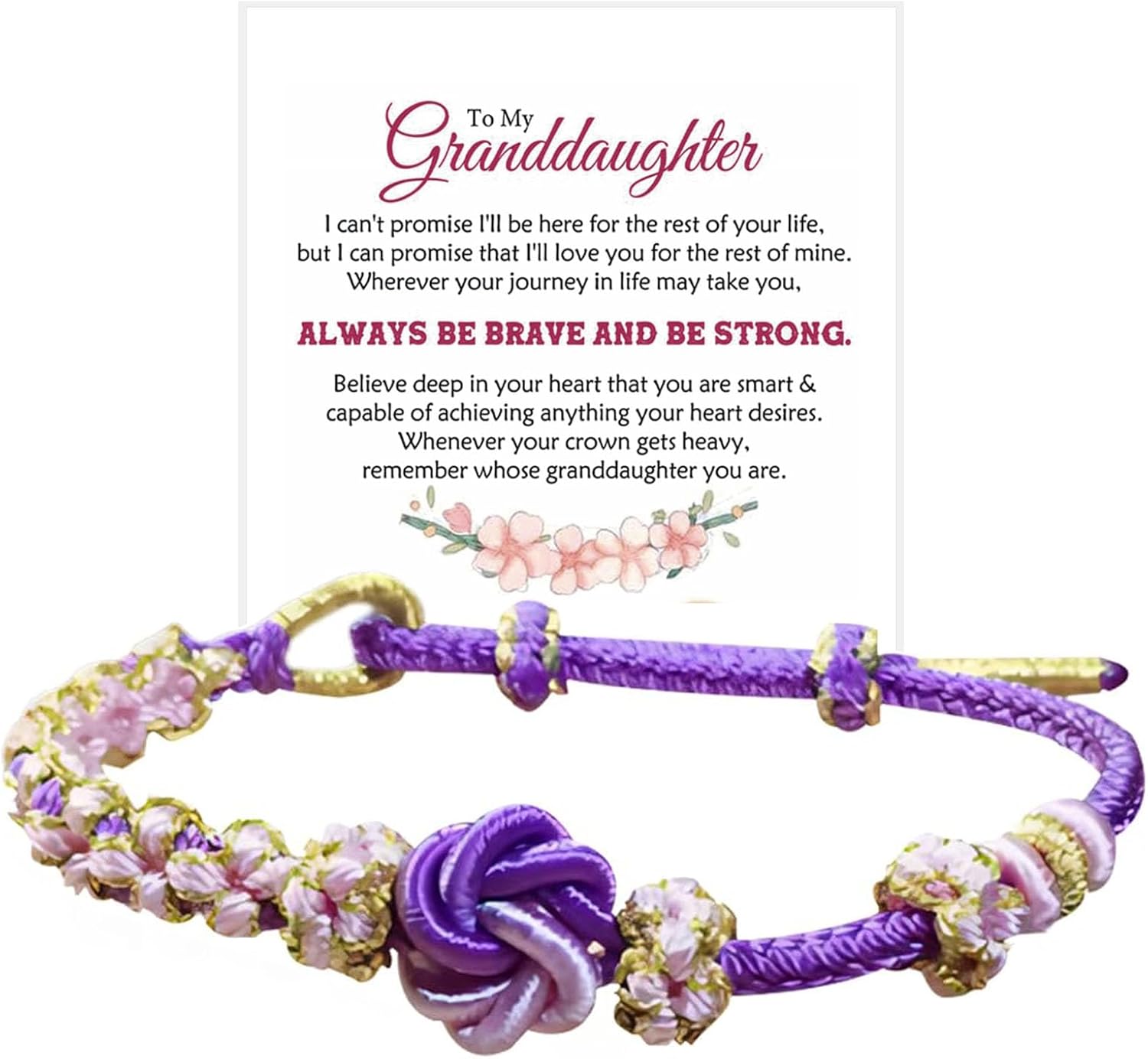 For Granddaughter - A Link That Can Never Be Undone Peach Blossom Knot Bracelet, Granddaughter Bracelet from Grandma Always Be Brave And Be Strong Adjustable Braided Bracelets for Women Jewelry