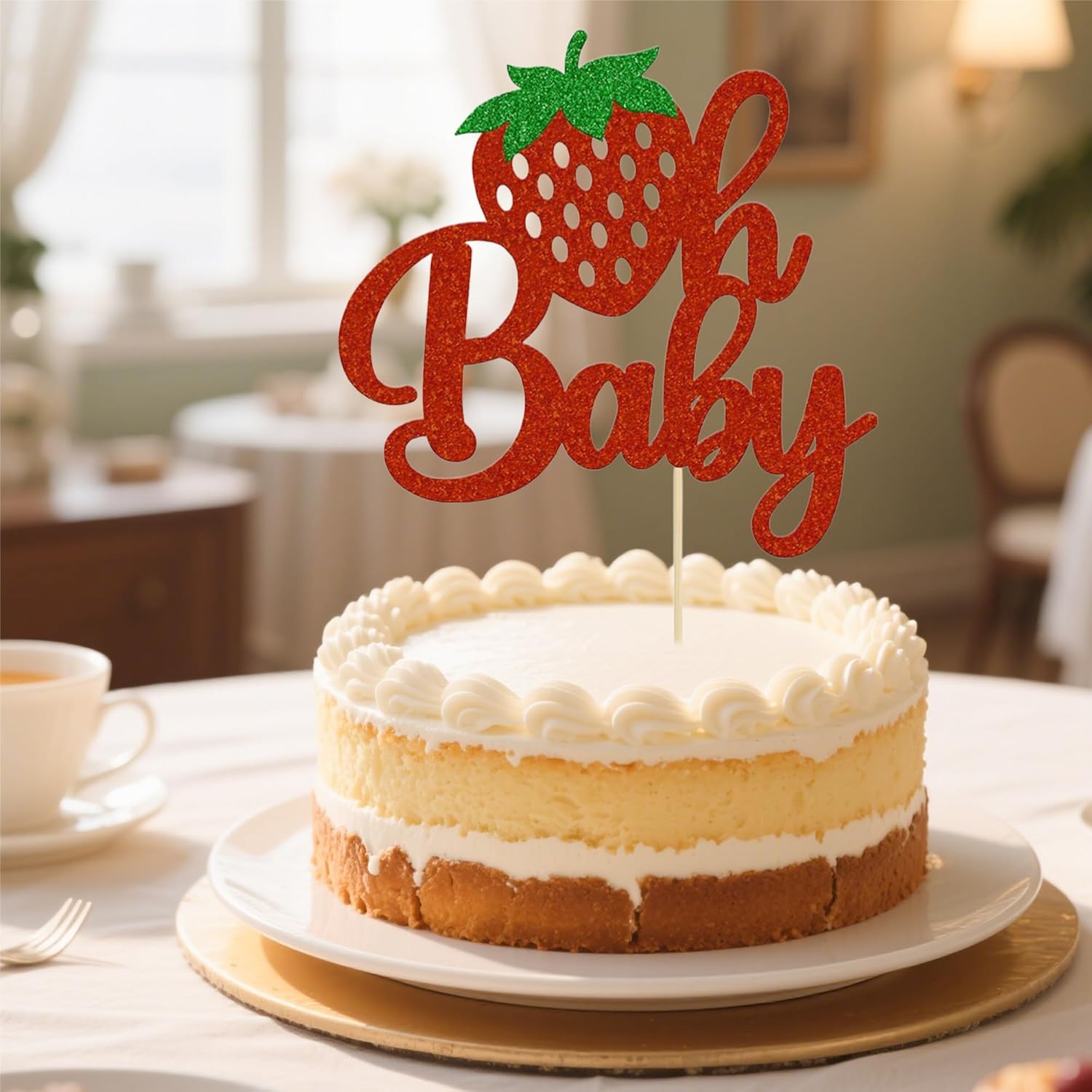 1PC Strawberry Oh Baby Cake Topper, Pink Strawberry Cake Decoration for Baby Showers, Sweet Fruit Theme, or Kids Birthday Parties