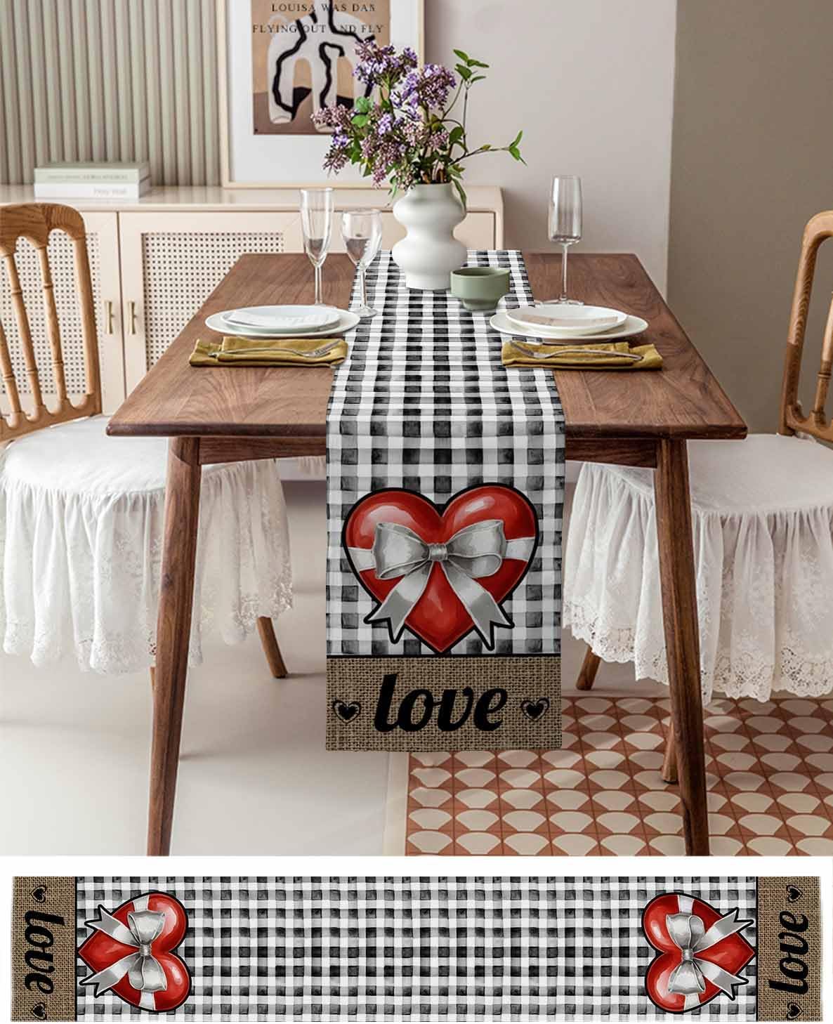 Valentine's Day Table Runner 13x108 Inches Long Bowknot Love Heart Table Runners Washable Cotton Linen Black Buffalo Plaid Linen Dresser Scarf Kitchen Dining Table Decor for Valentines Wedding Party