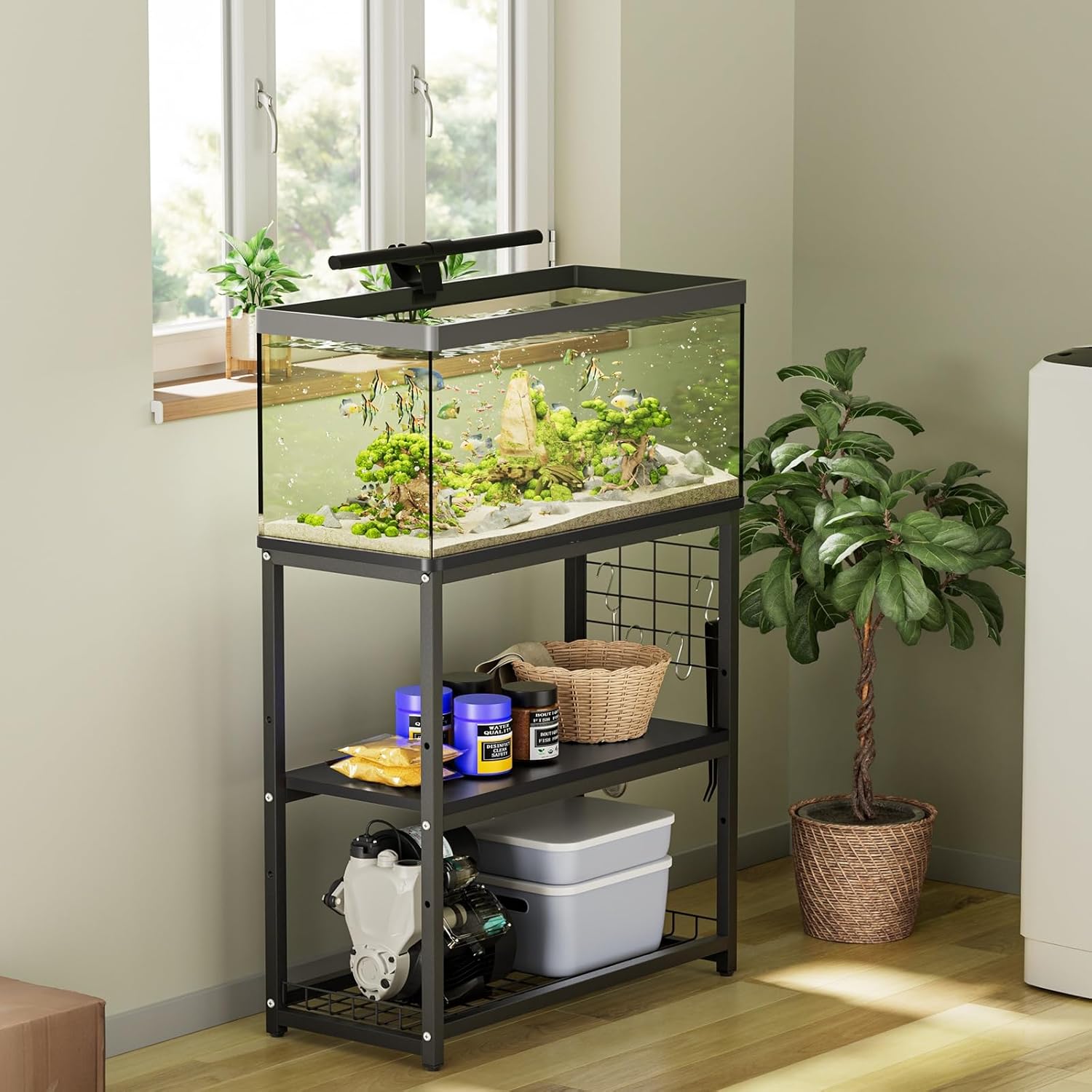 Aquarium Stand, 20 Gallon Fish Tank Stand with 3-Tier Storage Shelves & Hook, Heavy Duty Terrarium Stand Rack for Home Office, lbs Load Capacity 25.6" L x 11.8" W x 25.6" H, Black