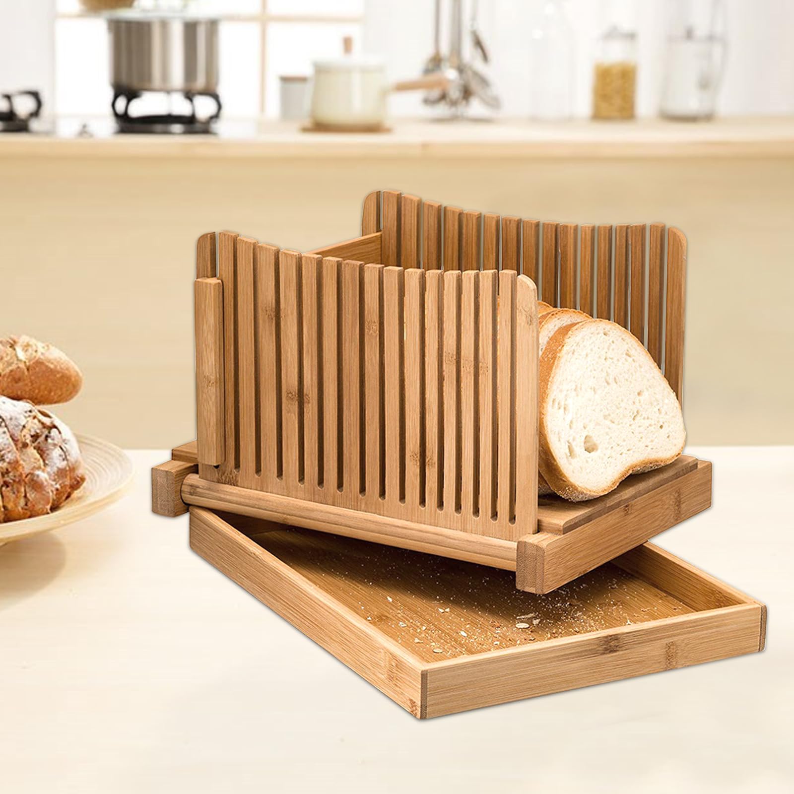 Trancheuse à pain en bambou, guide de tranchage de pain réglable, guide de tranchage de pain pliable avec plateau miettes, trancheuse à pain en bois pour pain fait maison, 31,7 x 23,7 x 19 cm