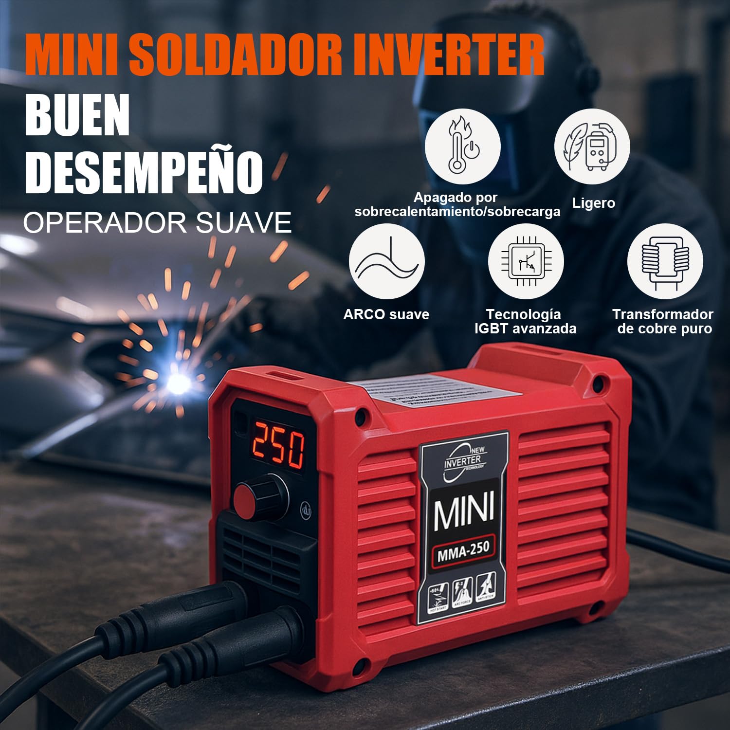VOBOR Mini Soldador Inverter, 250A Maquina de Soldar Electrodo con Tecnología IGBT, Pantalla LED, Anti-Stick, Portátil Soldadora Electrodo, MMA 250
