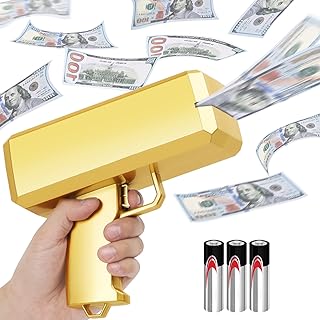 Gold Money Gun Shooter and 100 PCS Props and 3 AA Batteries, Money Gun Paper Playing Spary Money for Movie Photo Party