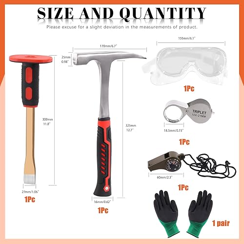 Miniatura 2 de Tanstic Kit de 6 martillos y cinceles de roca de geología, martillo de 30 onzas y cincel de excavación de 12 pulgadas, silbato, gafas de seguridad,
