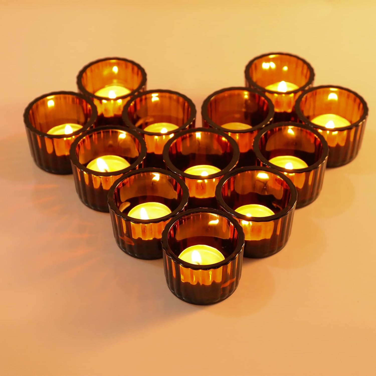 Set of 12 Brown Glass Tea Light Candle Holders, Small Vintage Votive